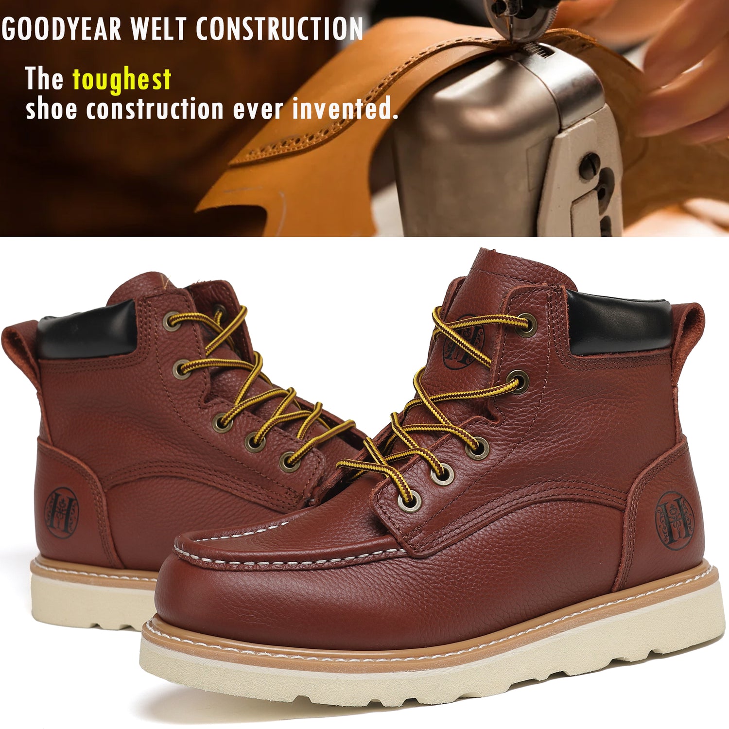 H HVB303 Men’s 6" Soft Toe Water Resistant, Non-Slip, Oil-Resistant Rubber EVA Outsole, Breathable Leather Work Boots