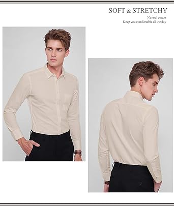 Dress Shirt for Men - Long Sleeve Solid Slim Regular Fit Business Shirt-Beige