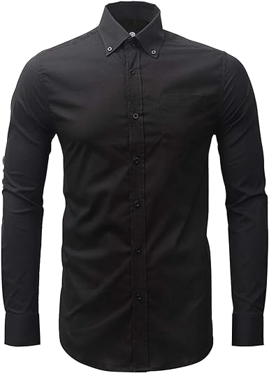 Dress Shirt for Men - Long Sleeve Solid Slim Regular Fit Business Shirt-Black/Button