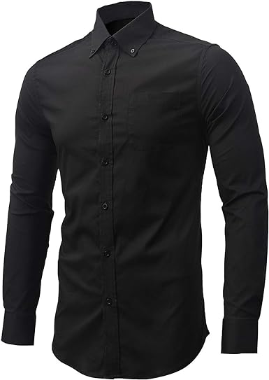 Dress Shirt for Men - Long Sleeve Solid Slim Regular Fit Business Shirt-Black/Button