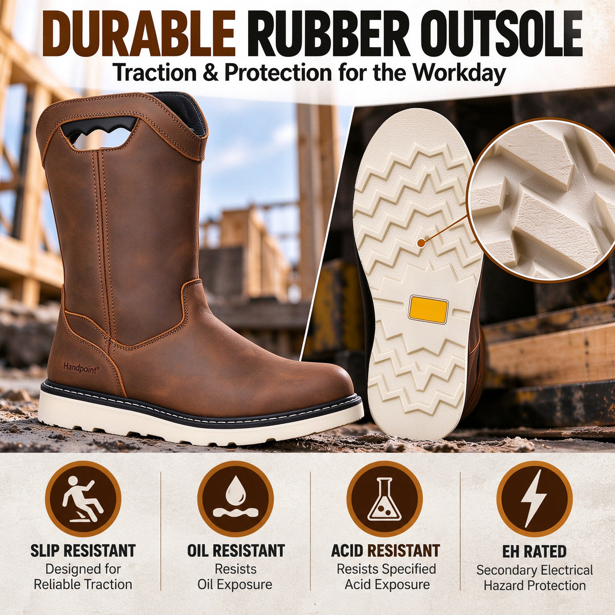 HANDPOINT HVB86991 Men's 10-Inch Soft Toe Work Boots, Brown Leather, EH Rated