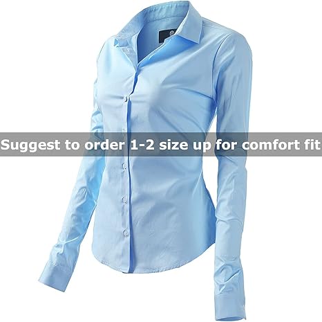 Womens Button Down Shirts - Long Sleeve Business Casual Blouses Light Blue